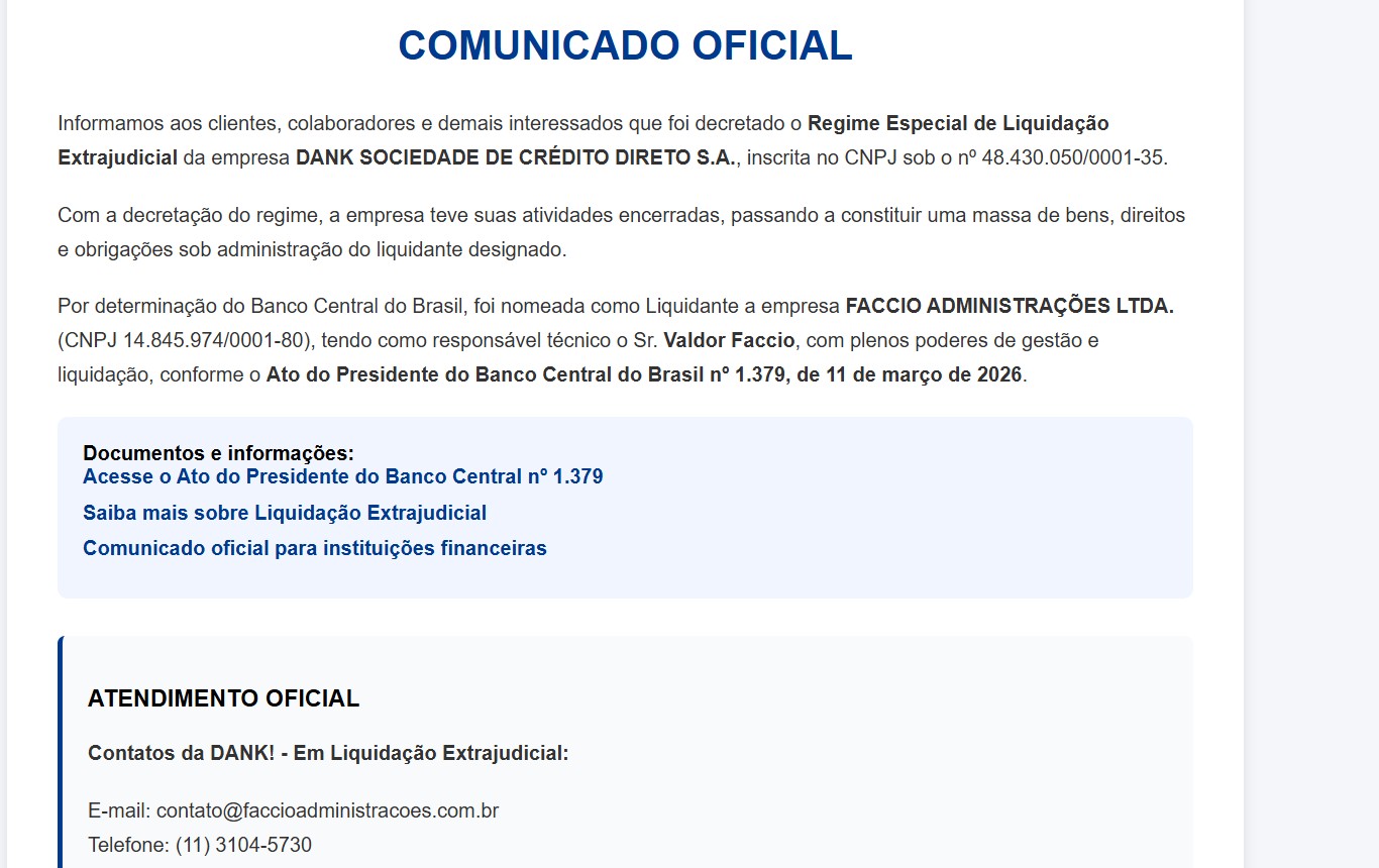 Banco Central anuncia liquidação da fintech Dank Sociedade de Crédito
