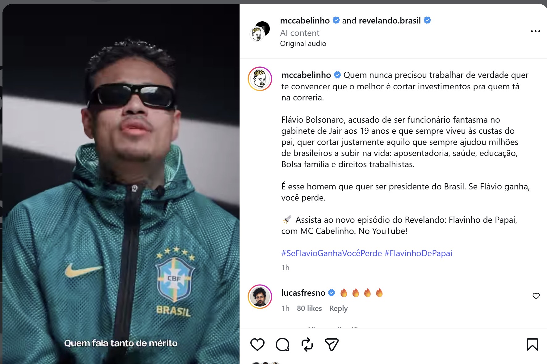 Meta derruba vídeo de MC Cabelinho sobre Flávio Bolsonaro às vésperas do 2º turno